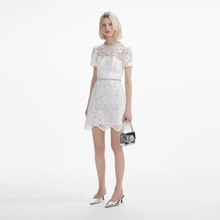 White Lace Diamante Mini Dress Women Self Portrait Dresses