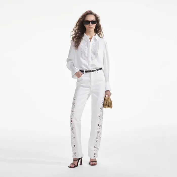 White Satin Embellished Bib Blouse Women Self Portrait Tops