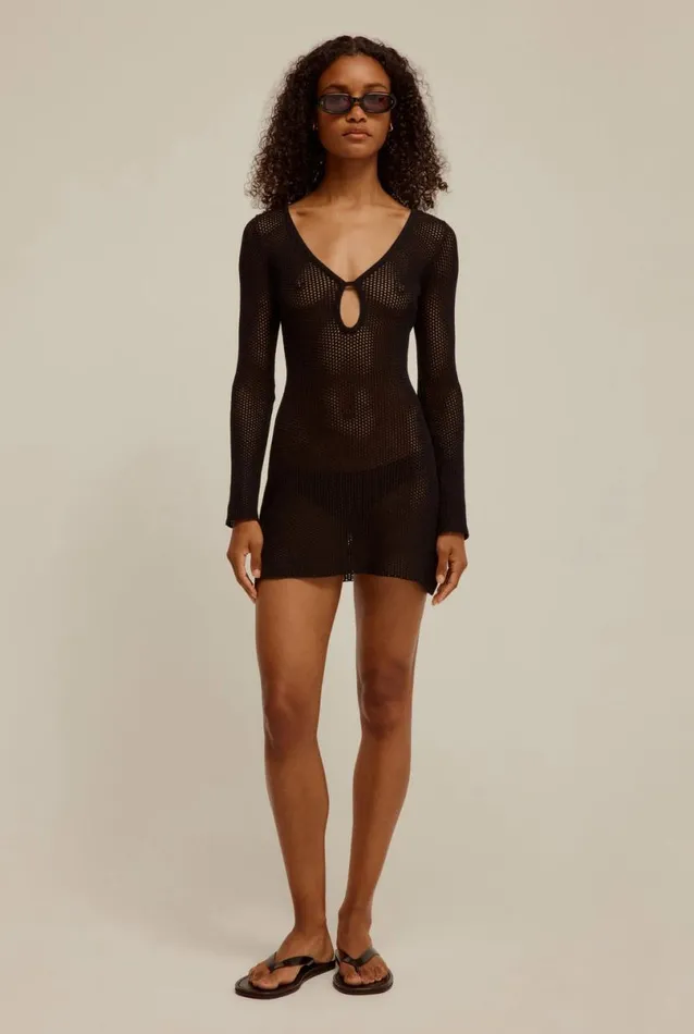 Woman Venroy Knitwear Long Sleeve Crochet Mini Dress