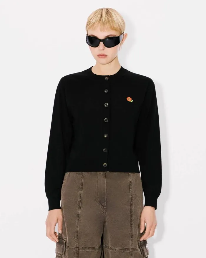 Women 039KENZO Pop039 Embroidered Crewneck Cardigan In Merino Wool Black Kenzo Sweaters And Cardigans