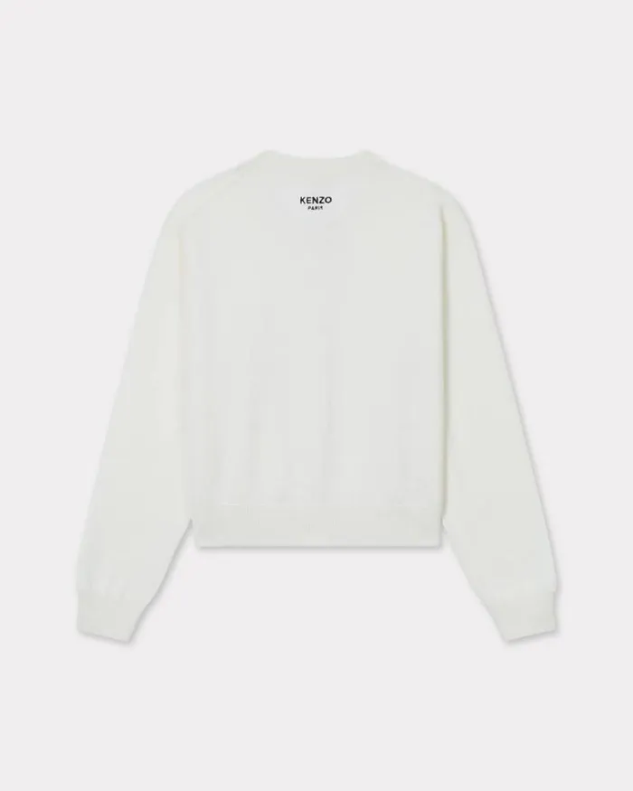 Women 039KENZO Pop039 Embroidered Crewneck Cardigan In Merino Wool Off White Kenzo Sweaters And Cardigans