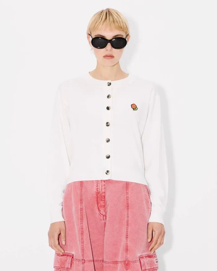 Women 039KENZO Pop039 Embroidered Crewneck Cardigan In Merino Wool Off White Kenzo Sweaters And Cardigans