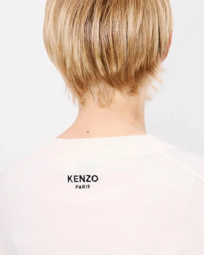 Women 039KENZO Pop039 Embroidered Crewneck Cardigan In Merino Wool Off White Kenzo Sweaters And Cardigans