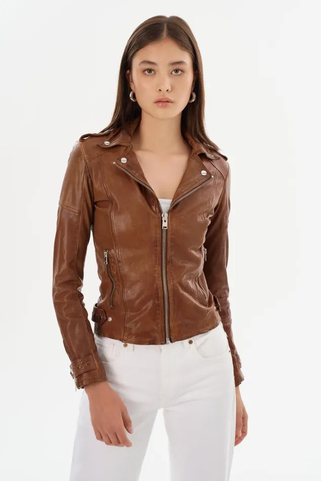 Women ANNA Leather Biker Jacket Luggage LAMARQUE Leather Jackets