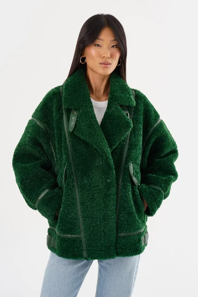 Women BADU Oversized Faux Shearling Jacket Green LAMARQUE Sherpa