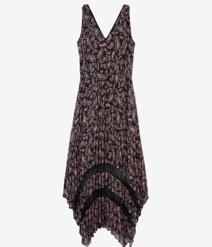 Women Black And Pink Paisley Print Pleated Long Dress With Mesh Inserts THE KOOPLES Dresses and Jumpsuits