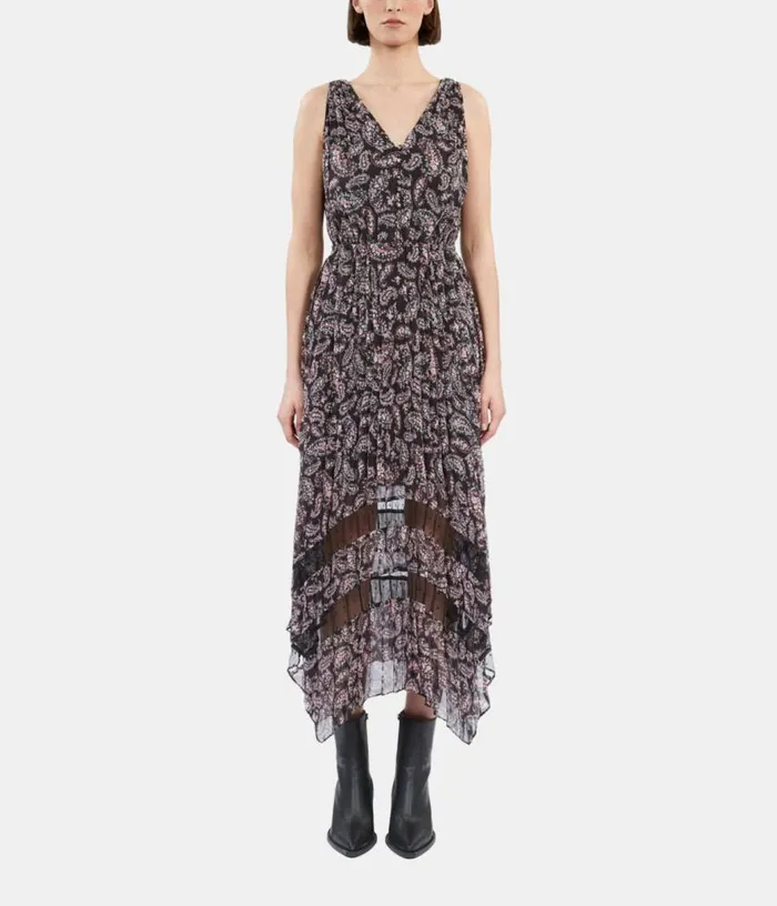 Women Black And Pink Paisley Print Pleated Long Dress With Mesh Inserts THE KOOPLES Dresses and Jumpsuits Women Black And Pink Paisley Print Pleated Long Dress With Mesh Inserts THE KOOPLES Dresses and Jumpsuits