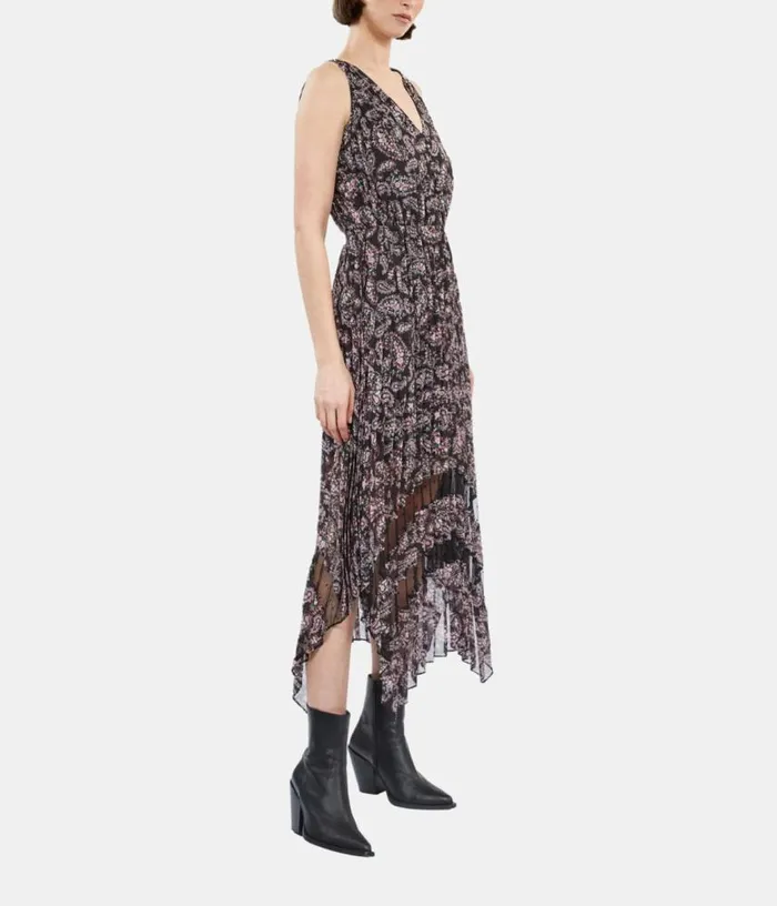 Women Black And Pink Paisley Print Pleated Long Dress With Mesh Inserts THE KOOPLES Dresses and Jumpsuits Women Black And Pink Paisley Print Pleated Long Dress With Mesh Inserts THE KOOPLES Dresses and Jumpsuits