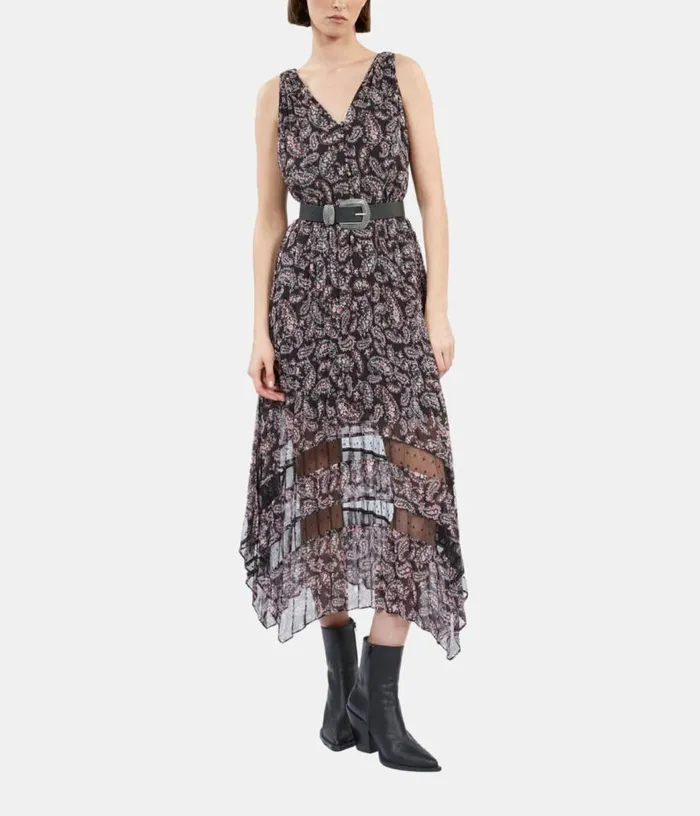 Women Black And Pink Paisley Print Pleated Long Dress With Mesh Inserts THE KOOPLES Dresses and Jumpsuits Women Black And Pink Paisley Print Pleated Long Dress With Mesh Inserts THE KOOPLES Dresses and Jumpsuits