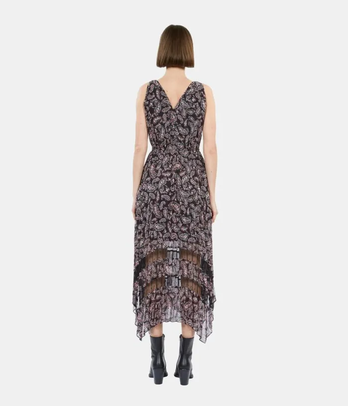 Women Black And Pink Paisley Print Pleated Long Dress With Mesh Inserts THE KOOPLES Dresses and Jumpsuits Women Black And Pink Paisley Print Pleated Long Dress With Mesh Inserts THE KOOPLES Dresses and Jumpsuits