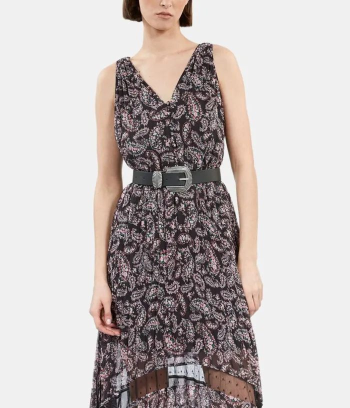 Women Black And Pink Paisley Print Pleated Long Dress With Mesh Inserts THE KOOPLES Dresses and Jumpsuits Women Black And Pink Paisley Print Pleated Long Dress With Mesh Inserts THE KOOPLES Dresses and Jumpsuits