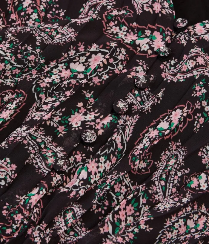 Women Black And Pink Paisley Print Pleated Long Dress With Mesh Inserts THE KOOPLES Dresses and Jumpsuits Women Black And Pink Paisley Print Pleated Long Dress With Mesh Inserts THE KOOPLES Dresses and Jumpsuits