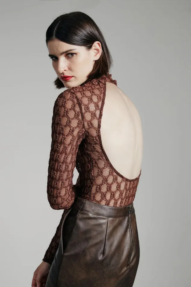 Women Bodysuits Bardot Adoni Backless Mesh Bodysuit In Chocolate Chocolate