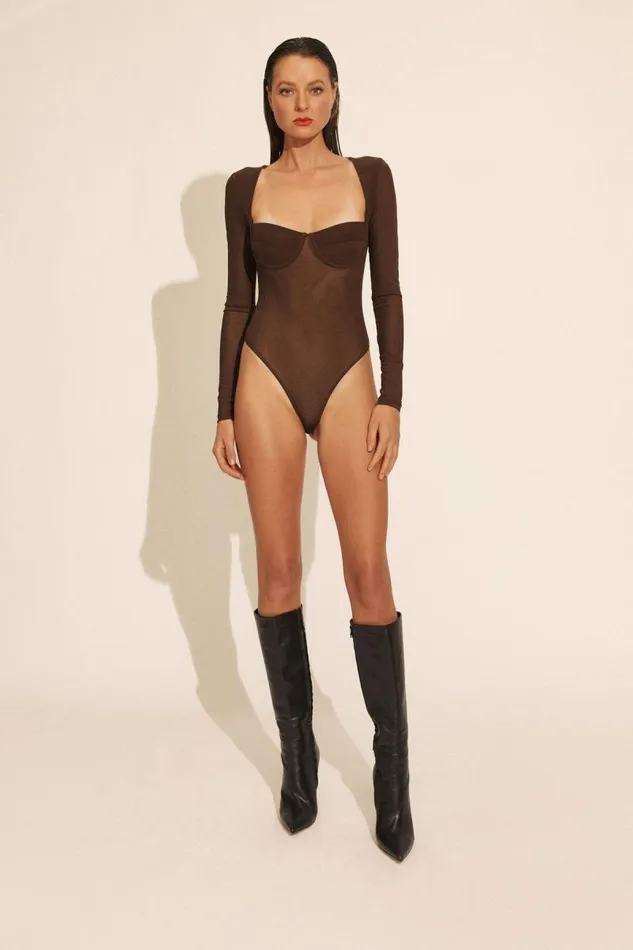 Women Bodysuits Bardot Carter Mesh Bodysuit In Chocolate Chocolate