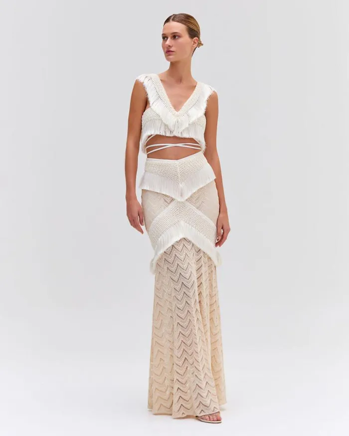 Women Bottoms PatBO Fringe Trim Maxi Skirt Sandstone