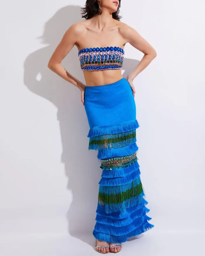 Women Bottoms PatBO HANDBEADED FRINGE TRIM MAXI SKIRT FINAL SALE Blue