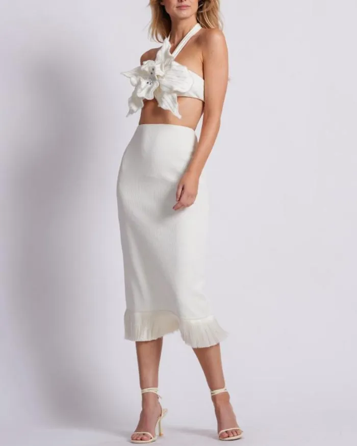 Women Bottoms PatBO Stretch Midi Skirt FINAL SALE Ivory