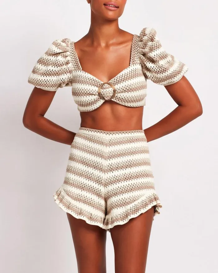 Women Bottoms PatBO Striped Crochet Short FINAL SALE Natural