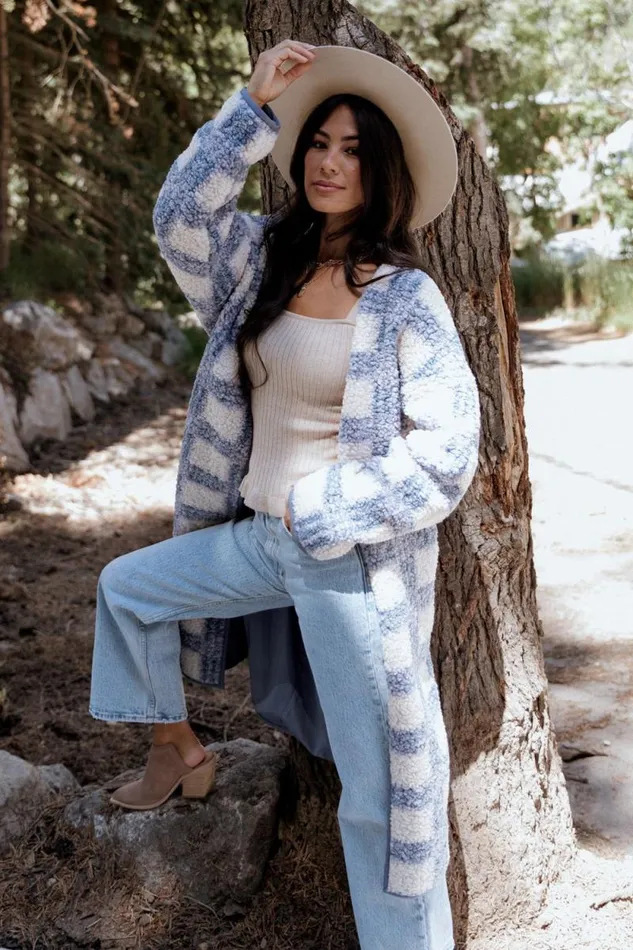 Women Breckenridge Sherpa Long Cardigan Blue Plaid Baltic Born Cardigans