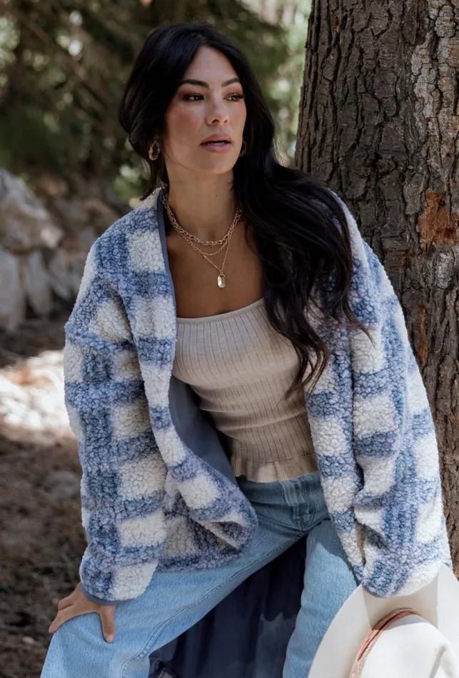Women Breckenridge Sherpa Long Cardigan Blue Plaid Baltic Born Cardigans