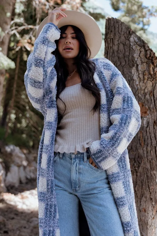 Women Breckenridge Sherpa Long Cardigan Blue Plaid Baltic Born Cardigans