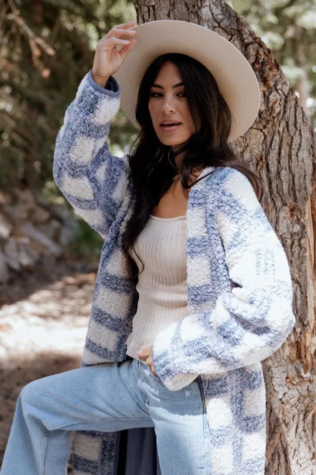 Women Breckenridge Sherpa Long Cardigan Blue Plaid Baltic Born Cardigans