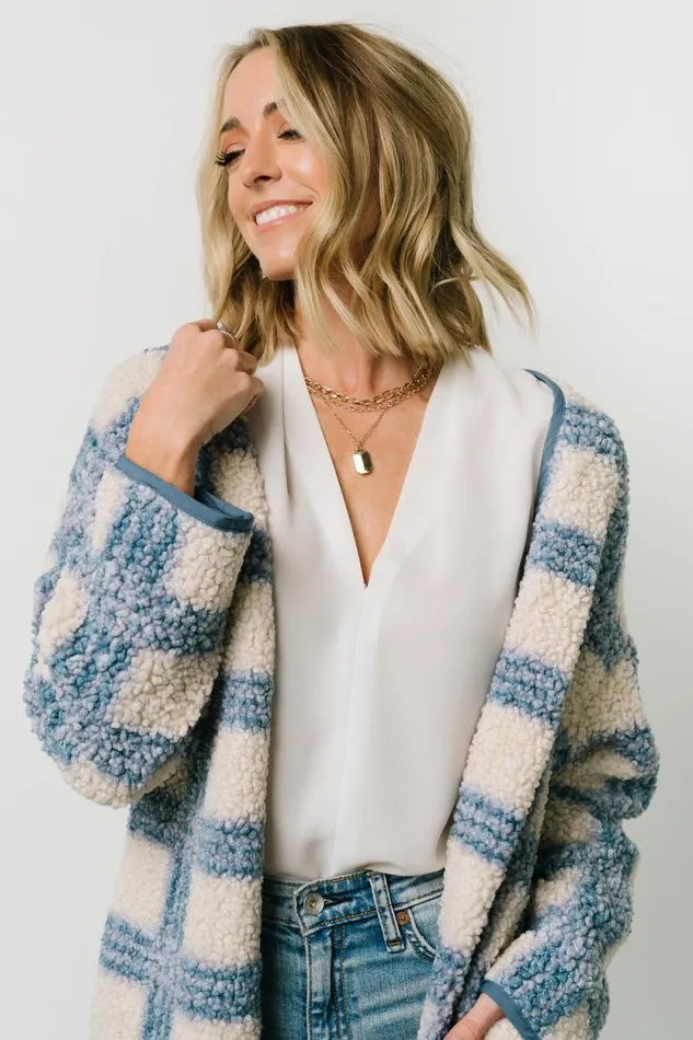 Women Breckenridge Sherpa Long Cardigan Blue Plaid Baltic Born Cardigans