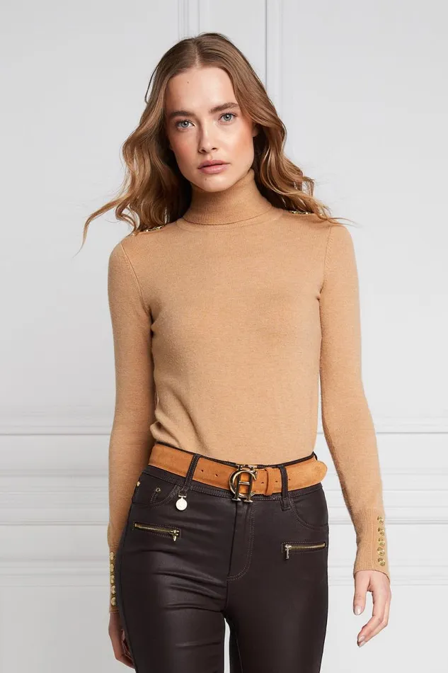 Women Buttoned Knit Roll Neck Dark Camel Holland Cooper Knitwear