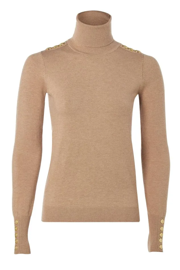 Women Buttoned Knit Roll Neck Dark Camel Holland Cooper Knitwear