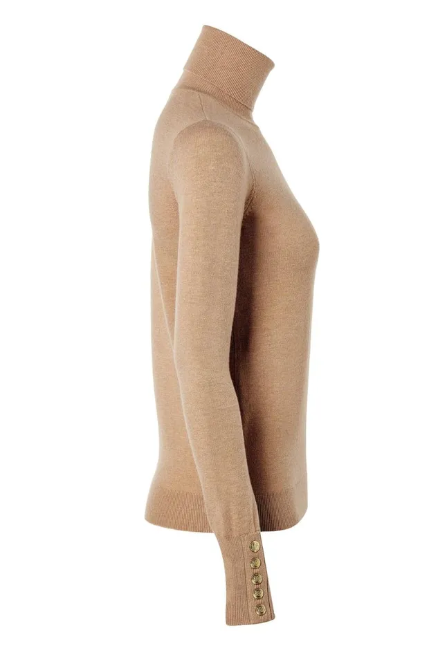 Women Buttoned Knit Roll Neck Dark Camel Holland Cooper Knitwear
