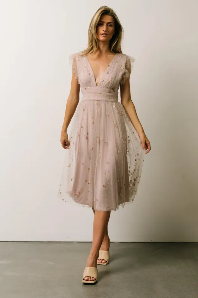Women Chiara Shimmer Midi Dress Dusty Lilac Baltic Born Embellished and Sequined