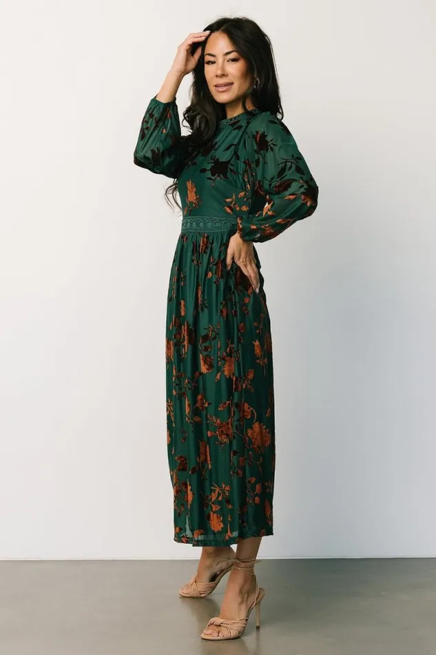 Women Christine Velvet Embossed Midi Dress Jade Baltic Born The Guest Edit