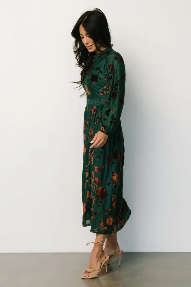 Women Christine Velvet Embossed Midi Dress Jade Baltic Born The Guest Edit
