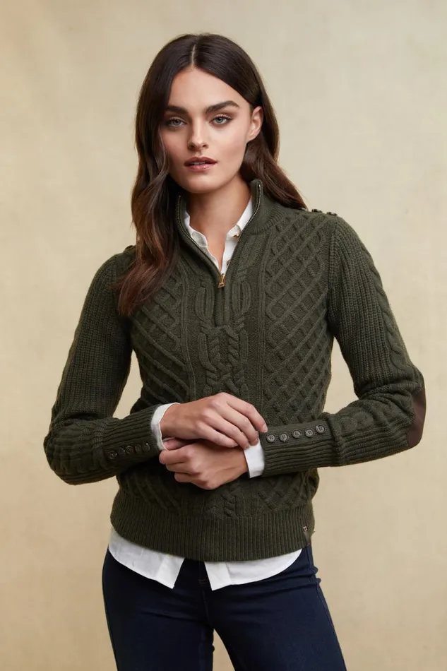 Women Country Cable Quarter Zip Knit Forest Green Holland Cooper Knitwear
