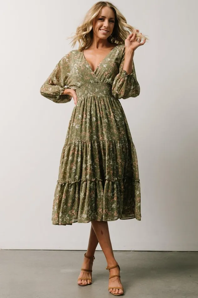 Women Coventry Tiered Midi Dress Dusty Olive Floral Baltic Born Midi Dresses