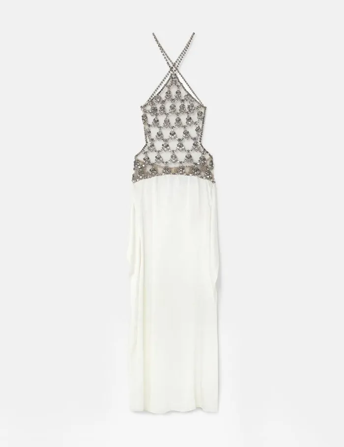 Women Crystal Cage Halterneck Maxi Dress Silver And Pure White Stella McCartney Dresses