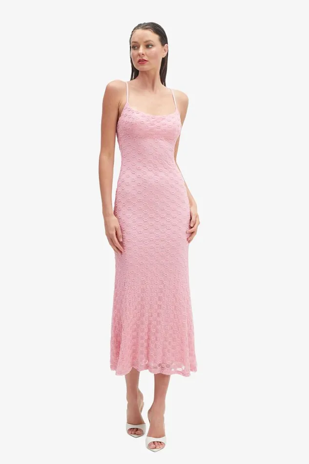Women Day To Night Dresses Bardot Adoni Mesh Midi Dress In Lili Pink Lili Pink