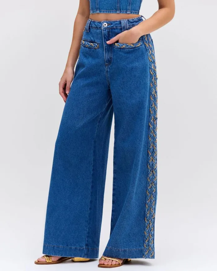 Women Denim PatBO Braided Wide Leg Jeans Denim