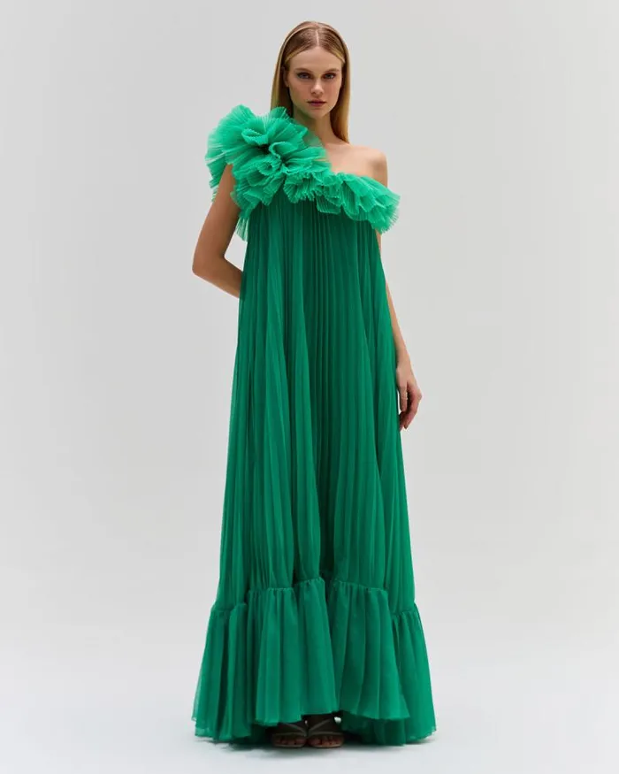 Women Dresses and Jumpsuits PatBO Pleated One Shoulder Gown FINAL SALE Verde