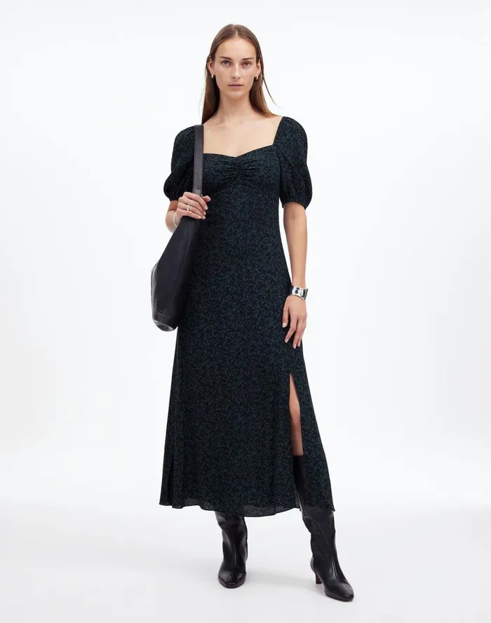 Women Dresses Madewell PuffSleeve Sweetheart Midi Dress Green Print