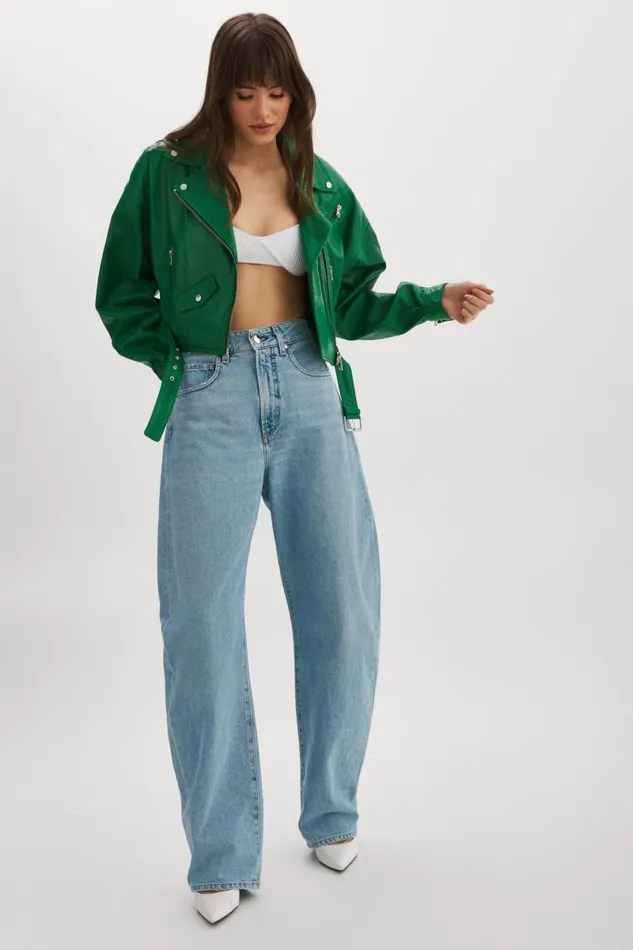 Women DYLAN 80039s Leather Biker Jacket Vibrant Green LAMARQUE Leather Jackets
