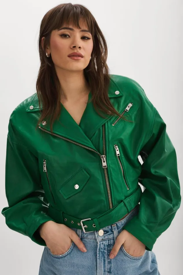 Women DYLAN 80039s Leather Biker Jacket Vibrant Green LAMARQUE Leather Jackets
