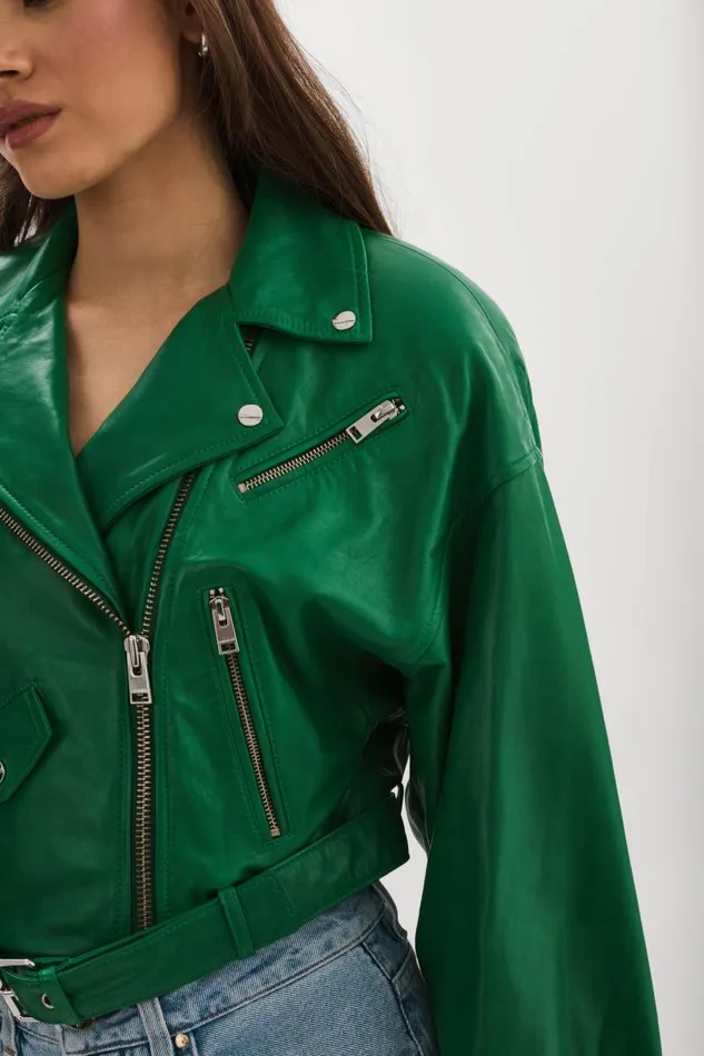 Women DYLAN 80039s Leather Biker Jacket Vibrant Green LAMARQUE Leather Jackets