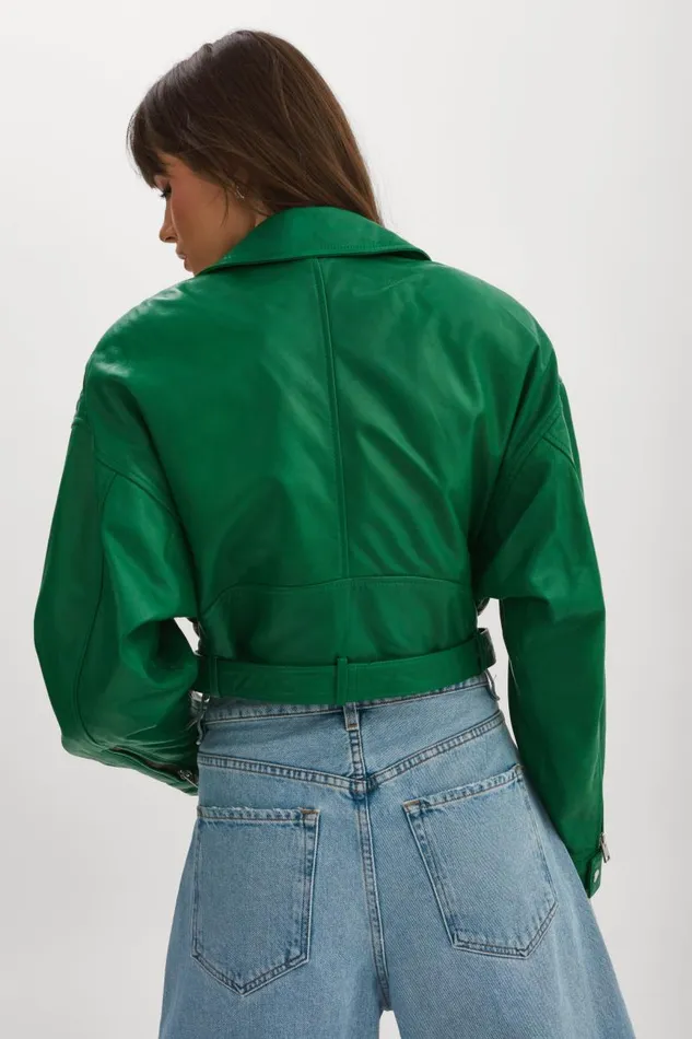 Women DYLAN 80039s Leather Biker Jacket Vibrant Green LAMARQUE Leather Jackets