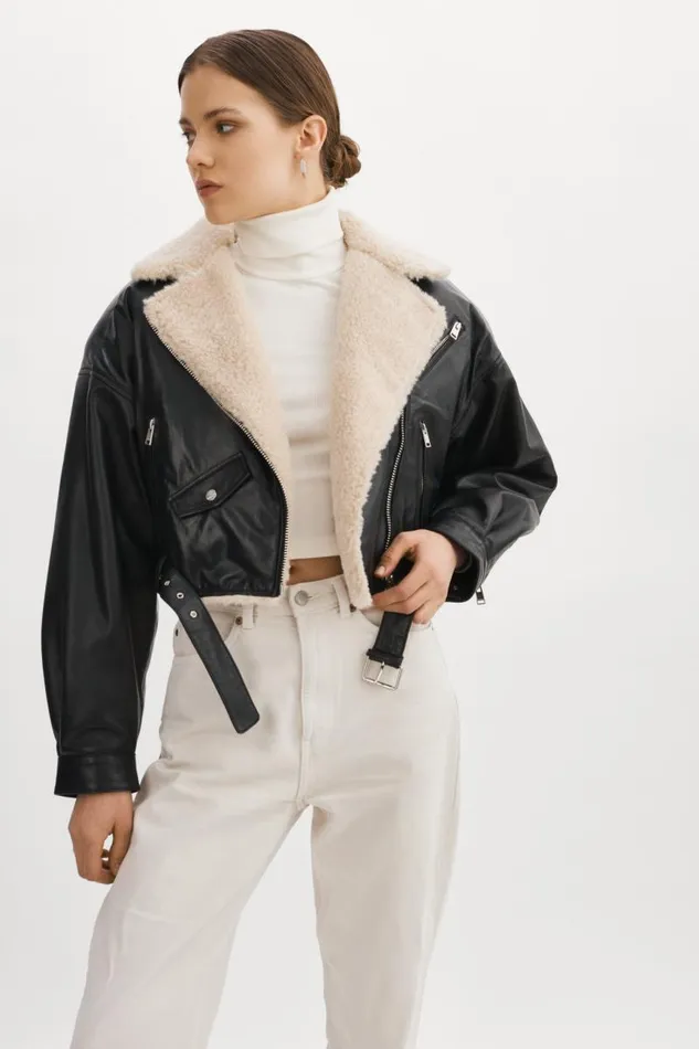 Women DYLAN 80039s Sherpa Leather Biker Jacket Blackecru LAMARQUE Leather Jackets Women DYLAN 80039s Sherpa Leather Biker Jacket Blackecru LAMARQUE Leather Jackets