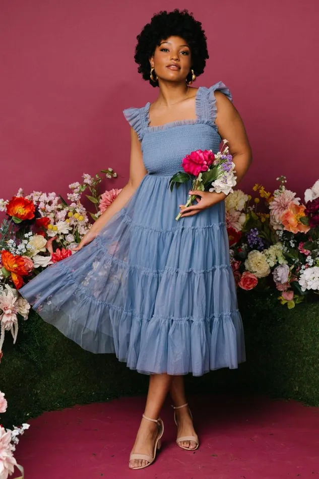 Women Emma Smocked Tulle Dress Slate Blue Baltic Born The Guest Edit