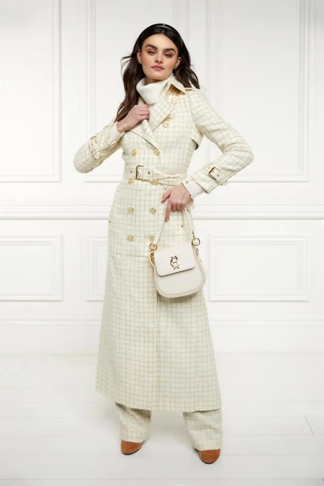 Women Full Length Marlborough Trench Coat Ivory Sparkle Tweed Holland Cooper Coats