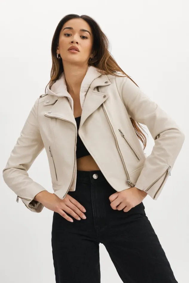 Women HOLY Leather Biker Jacket With Removable Hood Bone LAMARQUE Leather Jackets