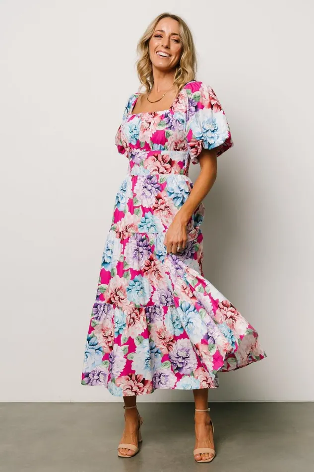 Women Iva Puff Sleeve Midi Dress Fuchsia Multi Floral Baltic Born Midi Dresses