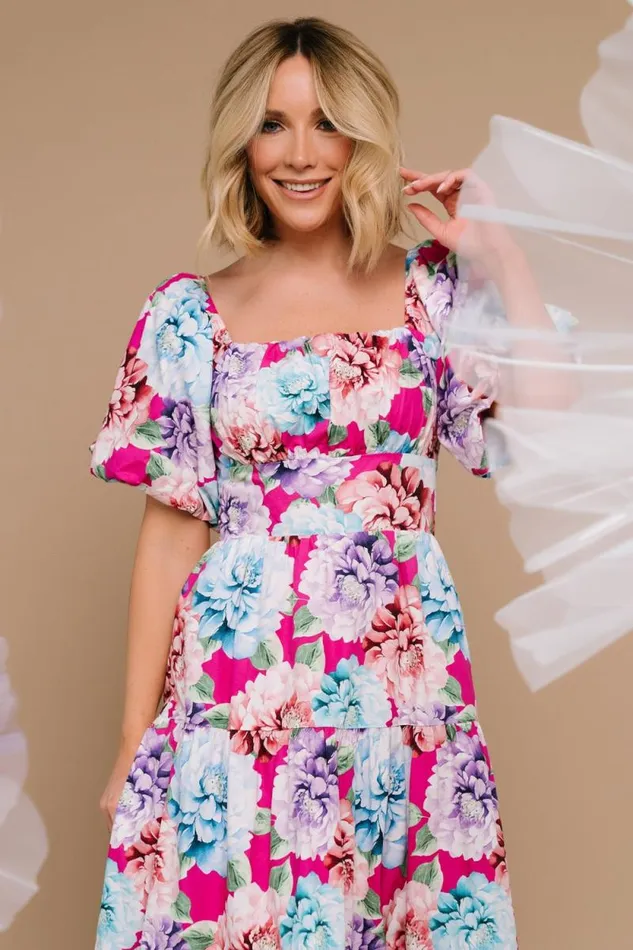 Women Iva Puff Sleeve Midi Dress Fuchsia Multi Floral Baltic Born Midi Dresses